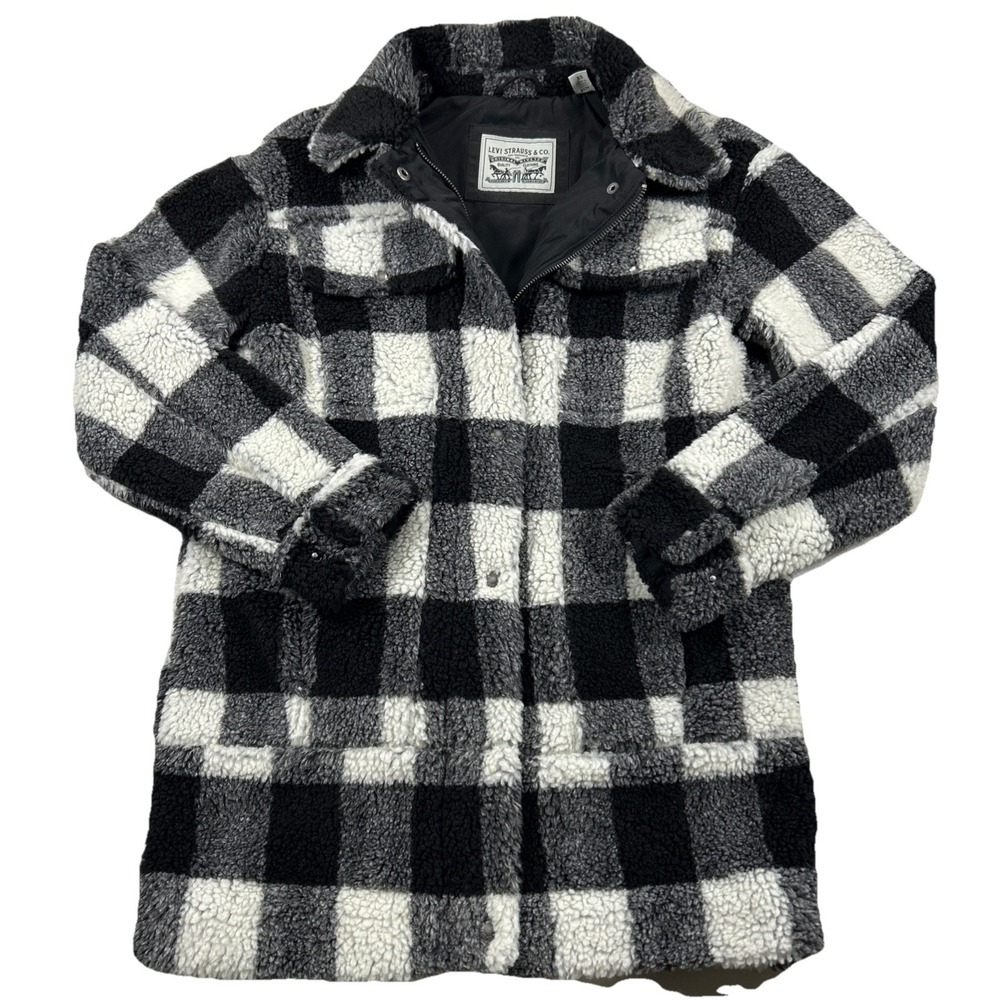 Levi's Women's XS Sherpa Oversized Black White Plain Button Zipper Coat - Picture 1 of 11